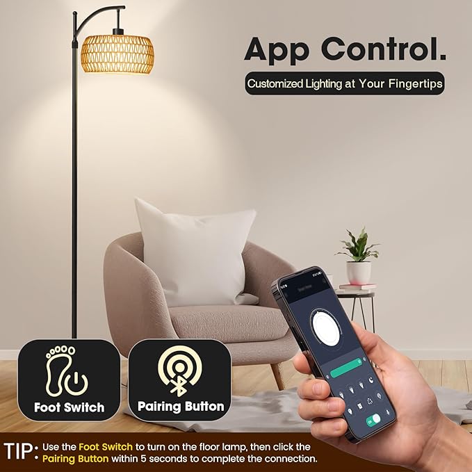 Arc Floor Lamp with Remote & App Control, 10 Color Modes, 10 Dimmable Brightness, Boho Tall Standing Lamps with LED Smart Bulb, Rattan & Fabric Double Drum Shade for Living Room Bedroom Office - LeafyLoom