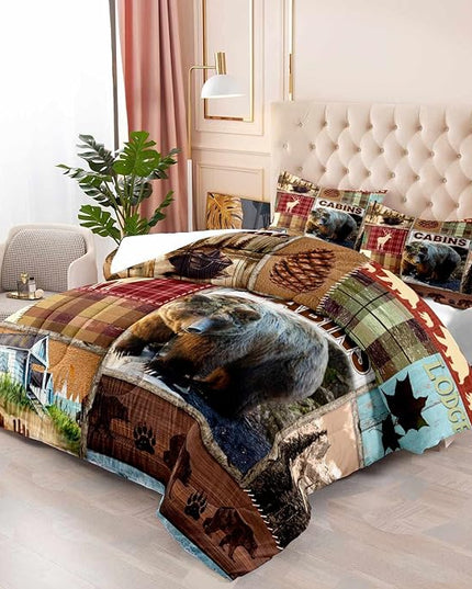 LUVIVIHOME 3PCS Rustic Cabin Comforter Set Queen Size, Bear Bedding Sets, Elk Deer Forest Woodland Animals Wildlife Hunting Country Farmhouse Red Buffalo Plaid Lodge Patchwork Quilt, 2 Pillow Shams - LeafyLoom