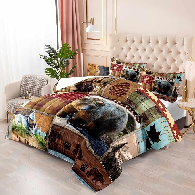 LUVIVIHOME 3PCS Rustic Cabin Comforter Set Queen Size, Bear Bedding Sets, Elk Deer Forest Woodland Animals Wildlife Hunting Country Farmhouse Red Buffalo Plaid Lodge Patchwork Quilt, 2 Pillow Shams - LeafyLoom