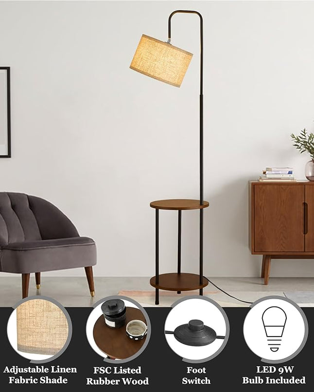 ELYONA Modern Floor Lamp with End Table, Rubber Wood Bedside Table Lamp with Adjustable Drum Shade, Rustic Tall Pole Shelf Reading Standing Light for Farmhouse Bedroom, Living Room, Office - Walnut - LeafyLoom
