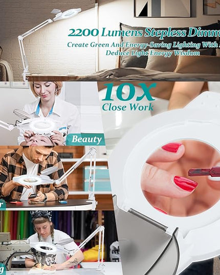 10X Magnifying Glass with Light, NUEYiO 2200 Lumen Stepless Dimmable Mangifier with Light, 4" Real Glass Lens, Adjustable Swing Arm Lighted Magnifying Glass for Esthetician, Crafts, Close Work-White - LeafyLoom
