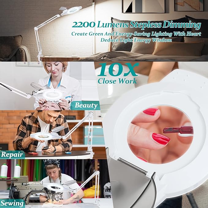 10X Magnifying Glass with Light, NUEYiO 2200 Lumen Stepless Dimmable Mangifier with Light, 4" Real Glass Lens, Adjustable Swing Arm Lighted Magnifying Glass for Esthetician, Crafts, Close Work-White - LeafyLoom