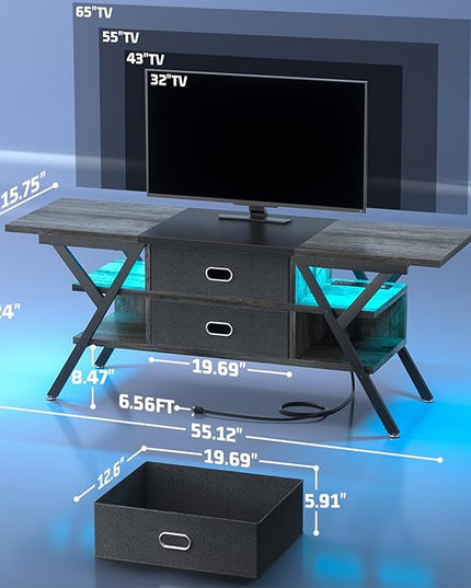 TV Stand for 55''/65'' TV - LED TV Stands with Power Outlets, TV Entertainment Center with Storage, Modern Gaming TV Stand with Drawers for Bedroom, Entertainment Stand for Living Room, Gray & Black - LeafyLoom