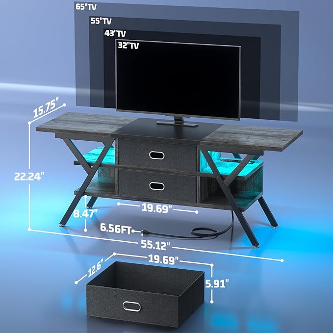 TV Stand for 55''/65'' TV - LED TV Stands with Power Outlets, TV Entertainment Center with Storage, Modern Gaming TV Stand with Drawers for Bedroom, Entertainment Stand for Living Room, Gray & Black - LeafyLoom