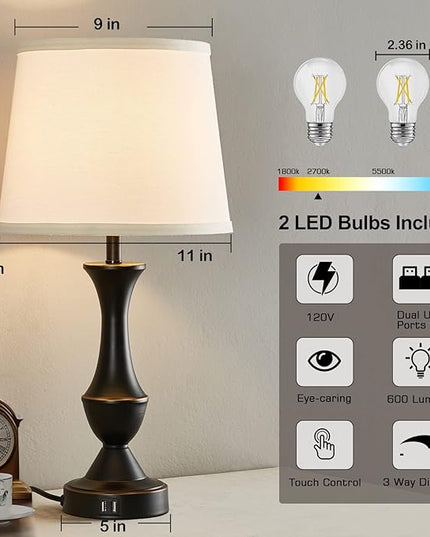 Luvkczc Table Lamps for Bedrooms Set of 2, Touch Bedside Lamps with USB C+A Ports, 3-Way Dimmable White Nightstand lamps, Bed lamp for Reading, Office, Bulbs Included - LeafyLoom