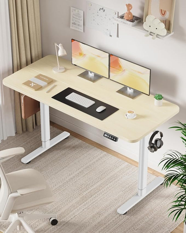 Electric Standing Desk Adjustable Height Stand Up Desk, 55" x 24" Sit Stand Desk, Low Noise Home Office Desk, Computer Desk with Splice Board, Child Lock & Memory Function, Maple - LeafyLoom