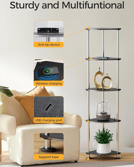 Floor Lamp with Shelves Corner Shelf with Lights Standing Lamp with Charging Stake APP Control Music Sync Multicolor Corner Lamp for Living Room Black 5 Tier - LeafyLoom