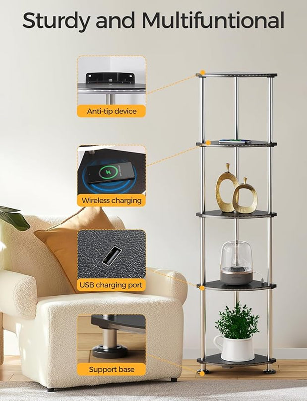 Floor Lamp with Shelves Corner Shelf with Lights Standing Lamp with Charging Stake APP Control Music Sync Multicolor Corner Lamp for Living Room Black 5 Tier - LeafyLoom