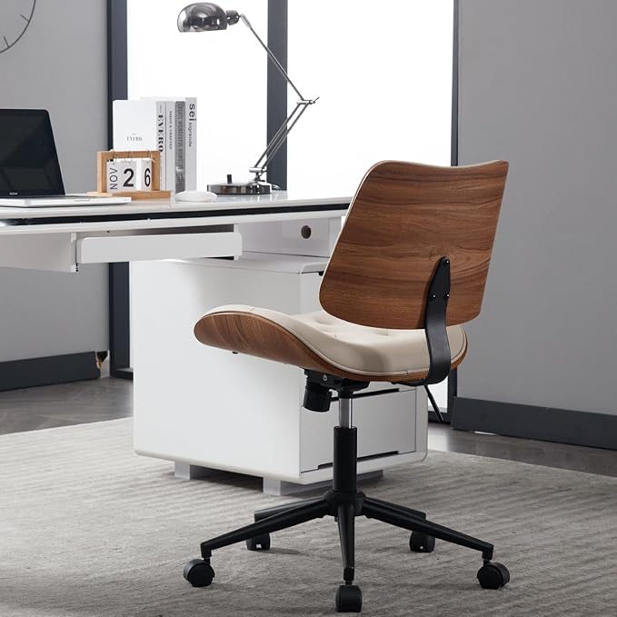 Armless Home Office Chair Modern Walnut Chair with Wheels Mid Back Swivel Computer Chair No arm Adjustable Height Leather Desk Chair for Reading,Meeting Room (Beige) - LeafyLoom