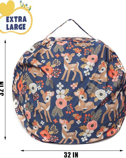 Stuffed Animal Storage Bean Bag Chair Cover, Hold Kids Plush Toys Blankets Towels Beanbag (Cover Only), Canvas Floor Circle Stuff Sit Seat Sofa with YKK Zipper, Large 32", Fawn - LeafyLoom