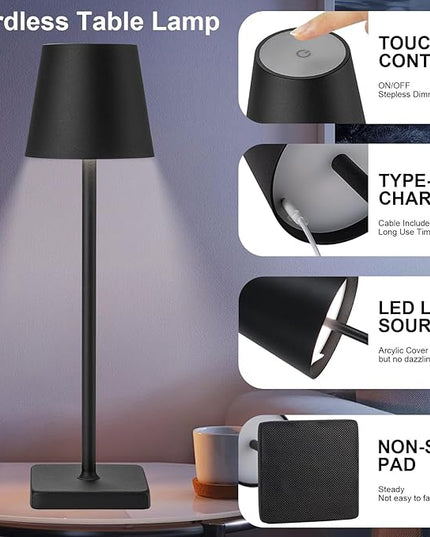 2 Pack Cordless Table Lamp Rechargeable LED Desk Lamp 5200mAh Aluminum Shell Battery Lamps Stepless Dimmable Portable Table Lights for Dinner/Restaurant/Outdoor IP54 Waterproof Black - LeafyLoom