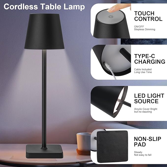 2 Pack Cordless Table Lamp Rechargeable LED Desk Lamp 5200mAh Aluminum Shell Battery Lamps Stepless Dimmable Portable Table Lights for Dinner/Restaurant/Outdoor IP54 Waterproof Black - LeafyLoom