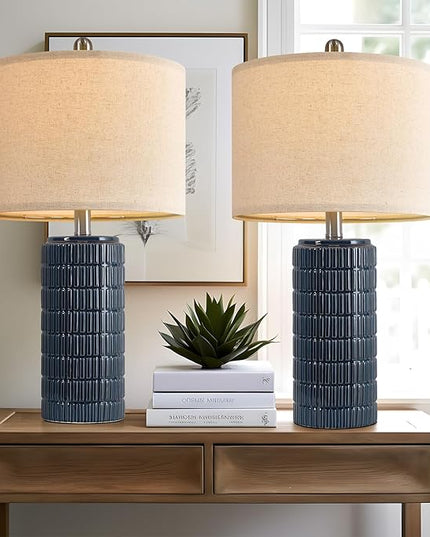 PoKat 23" Blue Table Lamp, Farmhouse Bedside Lamps for Bedroom Set of 2, Ceramic End Table Lamps for Living Room, Traditional Nightstand Desk Lamps, Medium - LeafyLoom