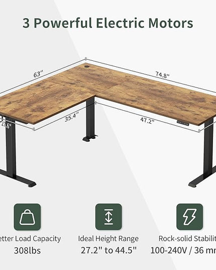 FEZIBO 75 Inches, Supports over 300mlbs, L Shaped Standing Desk Reversible, Electric Height Adjustable Corner Stand up Desk, Sit Stand Desk Computer Workstation, Black Frame/Rustic Brown Top - LeafyLoom