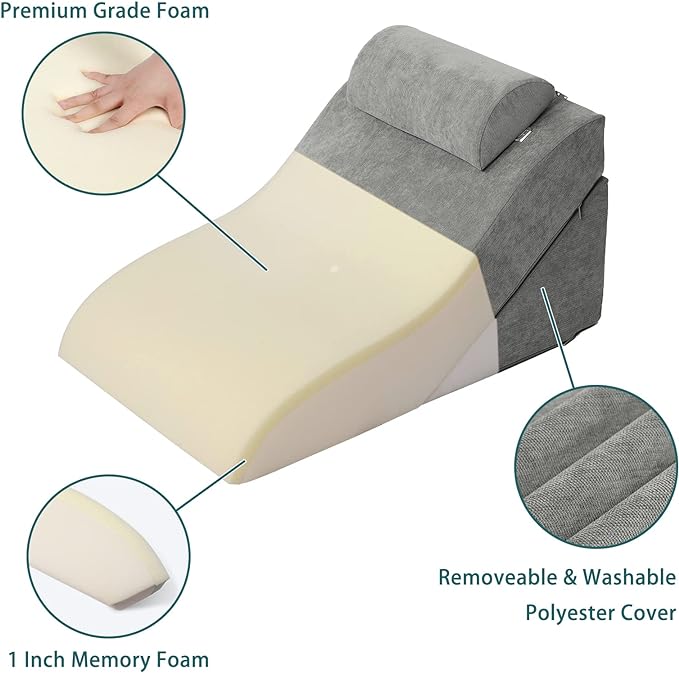 baibu 20 in Bed Wedge Pillow Set Foam | Adjustable Pillows for Back, Leg and Knee Pain Relief | Post Surgery Ortho Pillow – Anti Snoring, Heartburn, Acid Reflux & GRED (Gray) - LeafyLoom