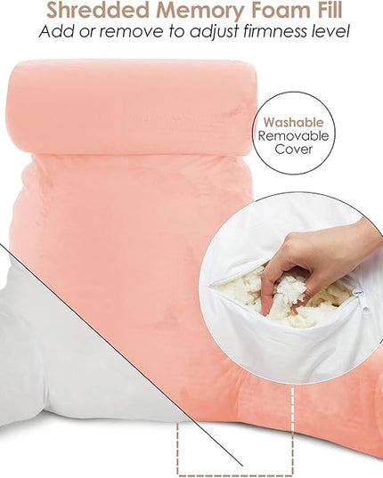 Clara Clark Reading Pillow, Large Back Pillow for Sitting Up in Bed, Memory Foam Back Support Pillow, Reading Pillows for Sitting in Bed Adult, Peach Sit Up Pillow for Bed Chair with Arms and Pockets - LeafyLoom