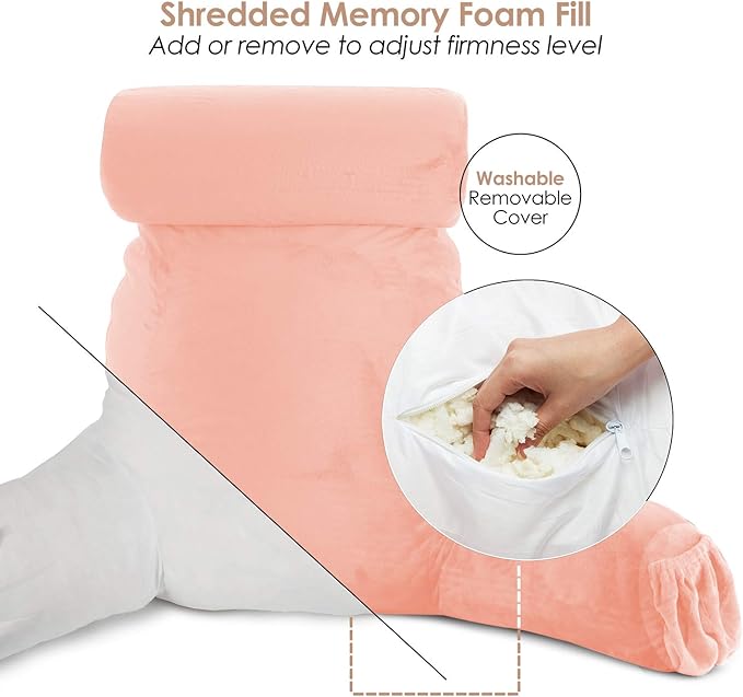Clara Clark Reading Pillow, Large Back Pillow for Sitting Up in Bed, Memory Foam Back Support Pillow, Reading Pillows for Sitting in Bed Adult, Peach Sit Up Pillow for Bed Chair with Arms and Pockets - LeafyLoom