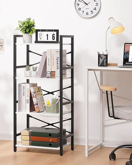 Yoobure 4 Tier Bookshelf - Small Book Shelf Industrial Bookcase, Narrow Book Case Book Storage Organizer for CD/Movie/Book, Bookshelves for Bedroom Office Living Room White - LeafyLoom