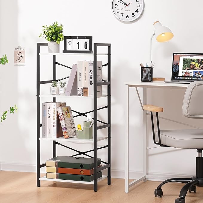 Yoobure 4 Tier Bookshelf - Small Book Shelf Industrial Bookcase, Narrow Book Case Book Storage Organizer for CD/Movie/Book, Bookshelves for Bedroom Office Living Room White - LeafyLoom