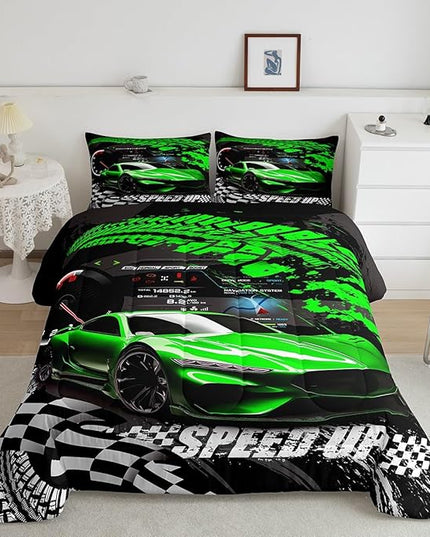 Feelyou Kids Boys Girls Race car Comforter Twin Size, Green Race Car Buffalo Plaid Comforter Set for Teens Toddler Sports Car Bedding Set Racing Car Duvet Set Room Decor Quilt Set Bedding Collection - LeafyLoom