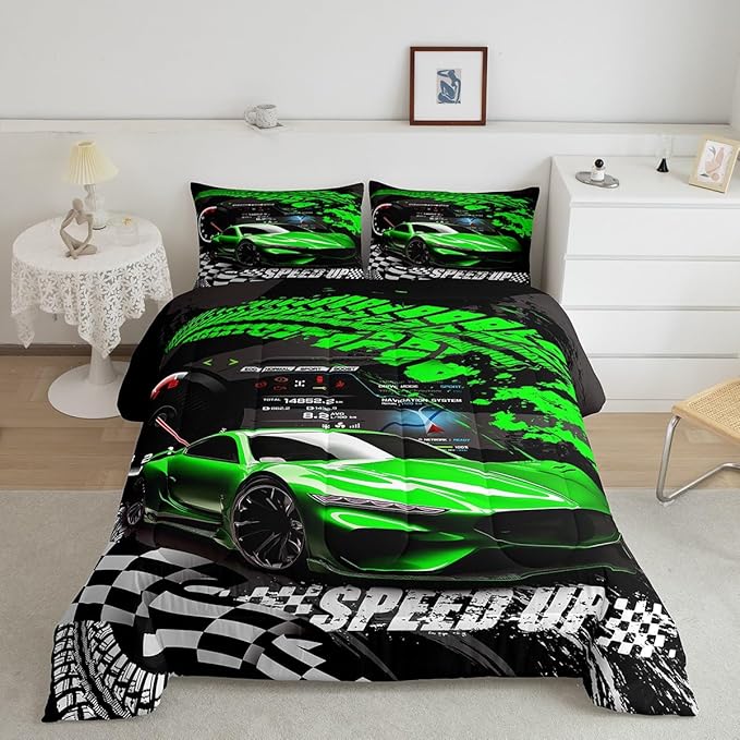 Feelyou Kids Boys Girls Race car Comforter Full Size, Green Race Car Buffalo Plaid Comforter Set for Teens Toddler Sports Car Bedding Set Racing Car Duvet Set Bed Set Room Decor Bedding Collection - LeafyLoom