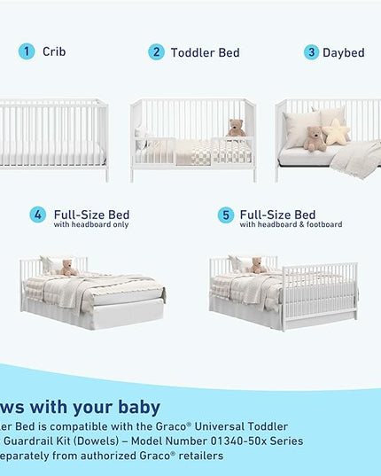 Graco Teddi 5-in-1 Convertible Crib (White) – GREENGUARD Gold Certified, Converts to Daybed, Toddler & Twin Bed with Headboard and Footboard, Adjustable Mattress Height - LeafyLoom