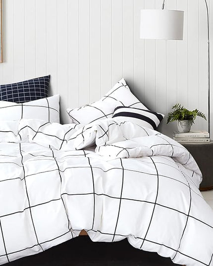 White Grid Comforter Set Big Grid Bedding Set Twin Cotton White with Black Plaid Printed Stripes Women Checkered Comforters Bedding Set White Grid Bed Blanket Set White Plaid Comforter - LeafyLoom