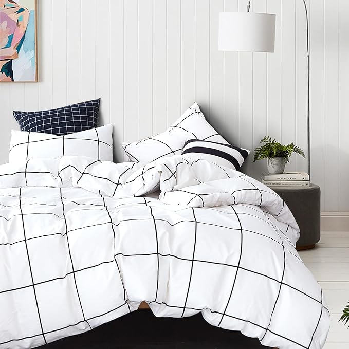 White Grid Comforter Set Big Grid Bedding Set Twin Cotton White with Black Plaid Printed Stripes Women Checkered Comforters Bedding Set White Grid Bed Blanket Set White Plaid Comforter - LeafyLoom
