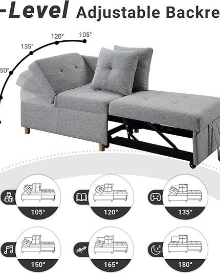 4-in-1 Convertible Sleeper Sofa, Single Pull Out Couch Chair with 6-Level Adjust Backrest Loveseat with Storage and Pillows, Modern Recliner for Living Room Apartment Office, Light Grey - LeafyLoom