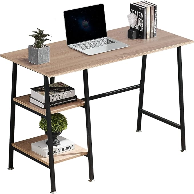 VECELO 43 Inch Computer Modern Student Writing home-office, Ladder Desk, Oak+black Leg - LeafyLoom