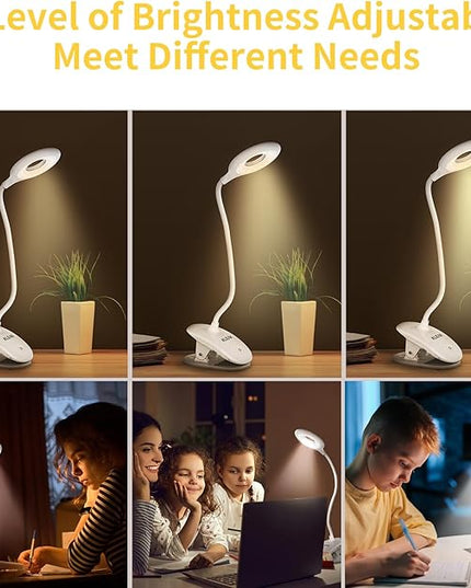Clip on Light for Bed & Desk, Reading in Bed, Dorm, Flexible Gooseneck, Battery Operated Rechargeable Clamp Lamp for Headboard, Eye-Caring LED Light with 3 Brightness Modes - LeafyLoom