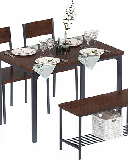 SogesHome 4 Piece Kitchen Dining Table Set for 4, Kitchen Table Bench Chairs Setfor 4, Space-Saving Table Set for Restaurant, Coffee Shop, Dark Walnut - LeafyLoom