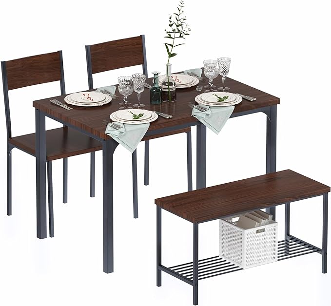 SogesHome 4 Piece Kitchen Dining Table Set for 4, Kitchen Table Bench Chairs Setfor 4, Space-Saving Table Set for Restaurant, Coffee Shop, Dark Walnut - LeafyLoom