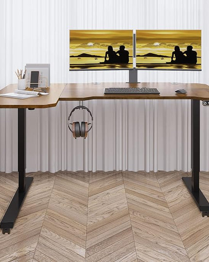 Adjustable Height L-Shaped 59 Inch Electric Standing Desk - Sit Stand Computer Desk with 3 Splice Board, Lockable Casters, Stand Up Desk Table for Home Office, Black Frame and Rustic Brown Top - LeafyLoom