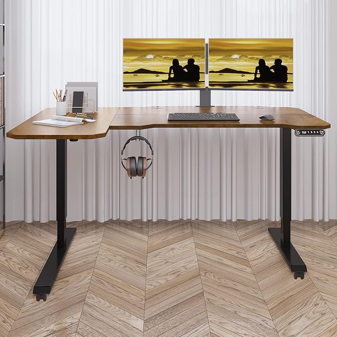Adjustable Height L-Shaped 59 Inch Electric Standing Desk - Sit Stand Computer Desk with 3 Splice Board, Lockable Casters, Stand Up Desk Table for Home Office, Black Frame and Rustic Brown Top - LeafyLoom