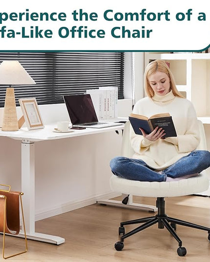 OLIXIS Cross Legged Armless Wide Adjustable Swivel Padded Home Office Desk Chair, Beige with Wheels - LeafyLoom