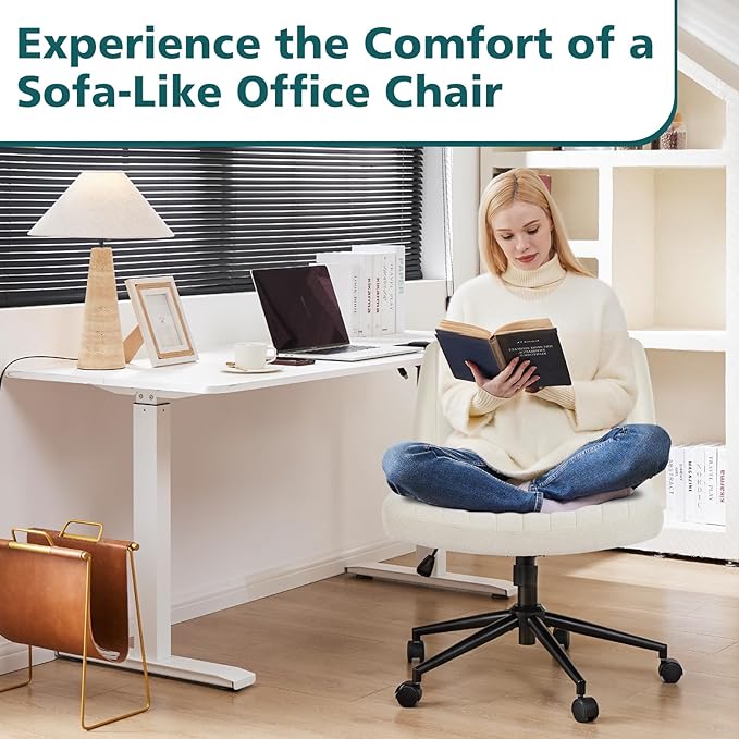 OLIXIS Cross Legged Armless Wide Adjustable Swivel Padded Home Office Desk Chair, Beige with Wheels - LeafyLoom