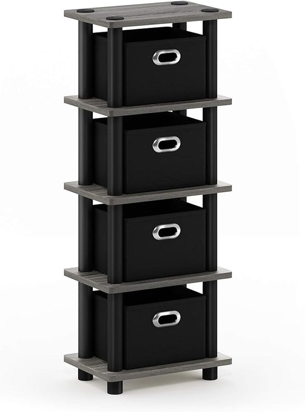 FURINNO Turn-N-Tube LACi 4-Bins System Rack, French Oak Grey/Black - LeafyLoom