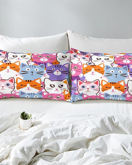 Cat Full Comforter Set for Bedroom - 3Pcs Colorful Cat Comforter Set for Teens Kids Cute Cartoon Cat Bedding Set Ultra Soft Warm Lightweight Kawaii Animal Patterns Comforter with 2 Pillowcases - LeafyLoom