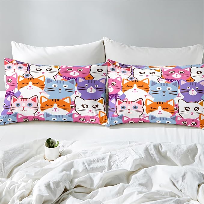Cat Full Comforter Set for Bedroom - 3Pcs Colorful Cat Comforter Set for Teens Kids Cute Cartoon Cat Bedding Set Ultra Soft Warm Lightweight Kawaii Animal Patterns Comforter with 2 Pillowcases - LeafyLoom