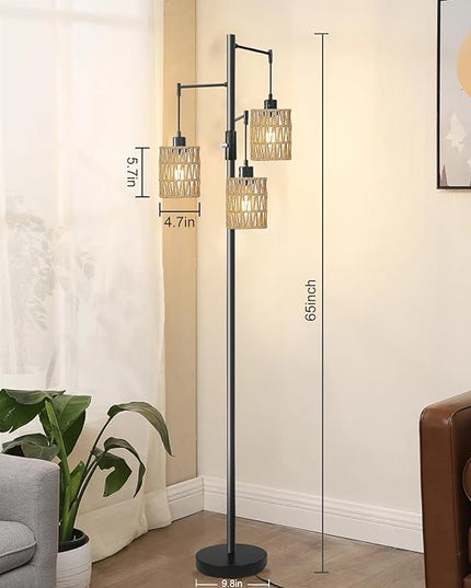 Floor Lamps for Living Room,3 Light Rattan Standing Tall Lamp with Foot Switch & Sturdy Base,Farmhouse Rustic Tree Black Vintage Floor Lamp for Bedroom Office - LeafyLoom