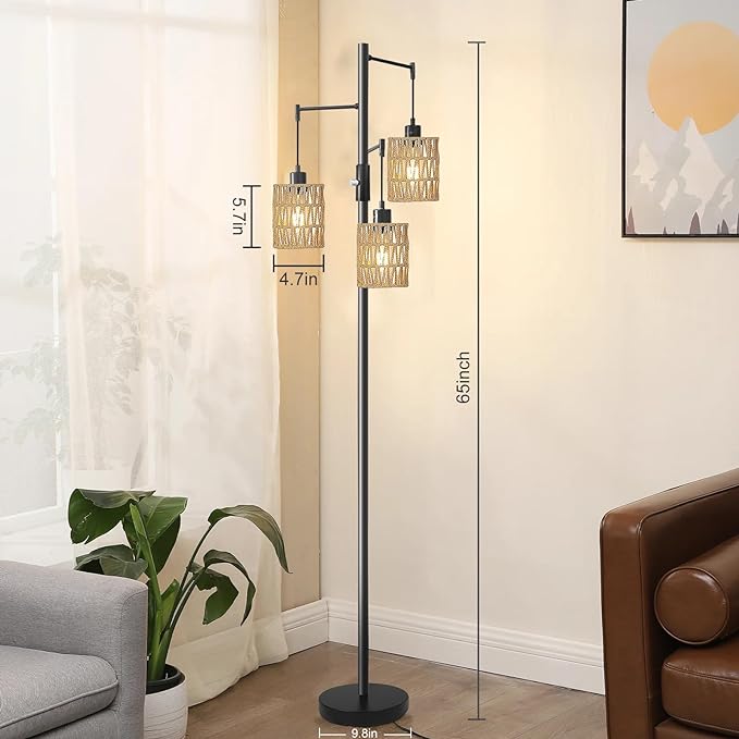Floor Lamps for Living Room,3 Light Rattan Standing Tall Lamp with Foot Switch & Sturdy Base,Farmhouse Rustic Tree Black Vintage Floor Lamp for Bedroom Office - LeafyLoom