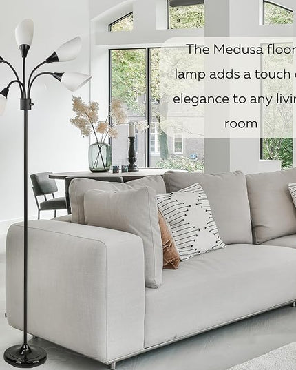 Modern Multi-Head Medusa Floor Lamp - 5 Light Standing Lamp for Bedroom and Living Room with Positionable Acrylic White Shades & 3-Light Mode Switch - Tall Black Floor Lamp for Living Room Decor - LeafyLoom