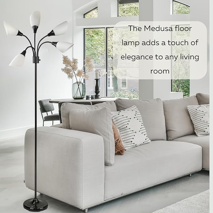 Modern Multi-Head Medusa Floor Lamp - 5 Light Standing Lamp for Bedroom and Living Room with Positionable Acrylic White Shades & 3-Light Mode Switch - Tall Black Floor Lamp for Living Room Decor - LeafyLoom