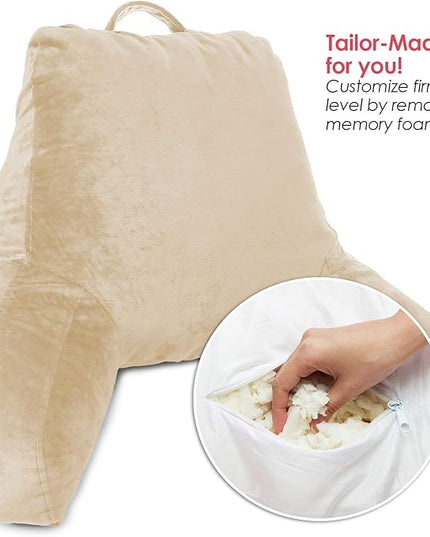 Clara Clark Reading Pillow for Kids, Small Back Pillow for Sitting Up in Bed, Memory Foam Back Support Pillow, Reading Pillows for Sitting in Bed, Beige Cream Gaming Pillow with Arms and Pockets - LeafyLoom