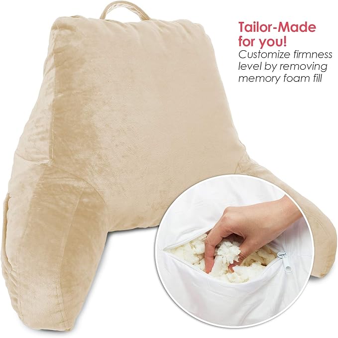 Clara Clark Reading Pillow for Kids, Small Back Pillow for Sitting Up in Bed, Memory Foam Back Support Pillow, Reading Pillows for Sitting in Bed, Beige Cream Gaming Pillow with Arms and Pockets - LeafyLoom