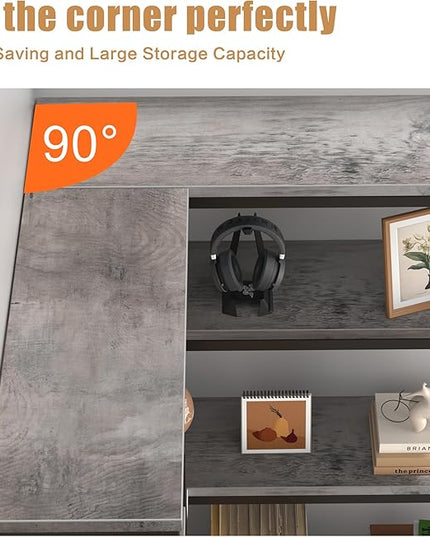 Shintenchi 5 Tiers Corner Bookshelf, 70.86" Tall L-Shaped Bookcase, Large Corner Etagere Bookcase, Corner Shelf Display Storage Rack with Metal Frame for Living Room Home Office, Grey - LeafyLoom
