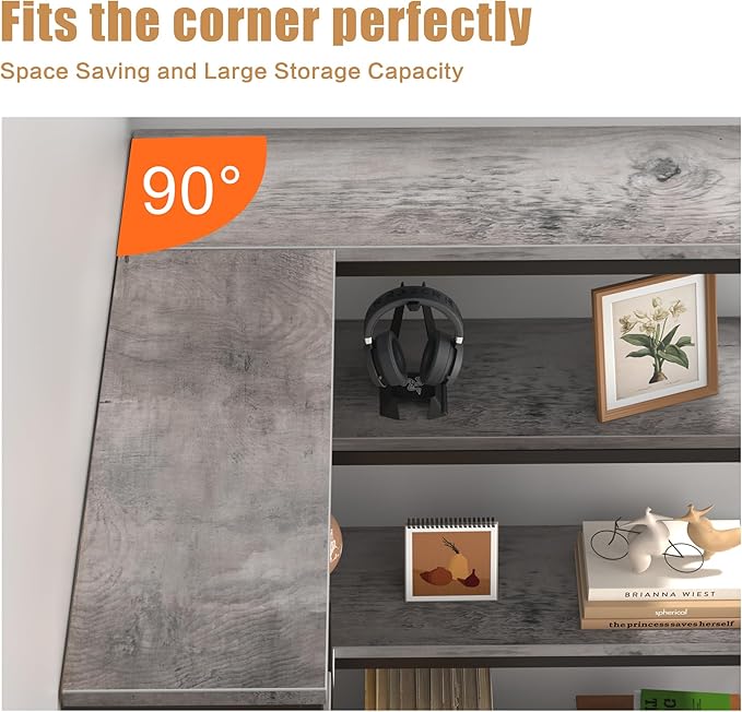 Shintenchi 5 Tiers Corner Bookshelf, 70.86" Tall L-Shaped Bookcase, Large Corner Etagere Bookcase, Corner Shelf Display Storage Rack with Metal Frame for Living Room Home Office, Grey - LeafyLoom