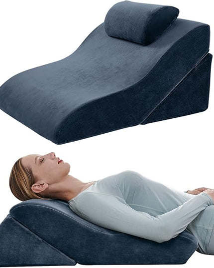 Axelrod Bed Wedge Pillow Set Foam | Adjustable Pillows for Back, Leg and Knee Pain Relief | Post Surgery Ortho Pillow – Anti Snoring, Heartburn, Acid Reflux & GERD- Indigo - LeafyLoom