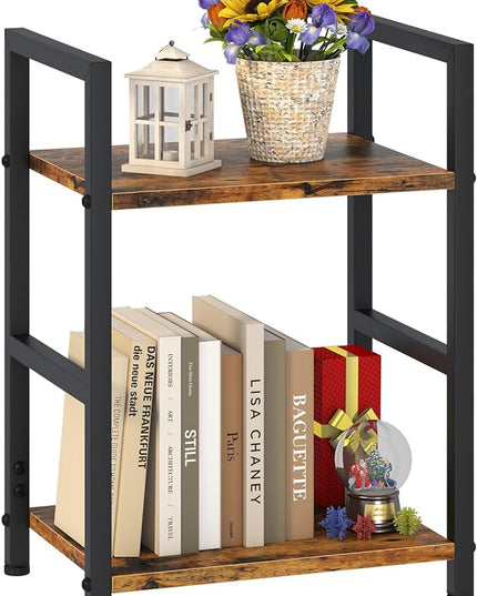 Small Bookshelf for Small Space, 2 Tier Industrial Bookcase,Narrow Book Case Storage Organizer Book Shelf for Living Room, Bedroom and Office, Easy Assembly(2 Tier,Rustic Brown) - LeafyLoom